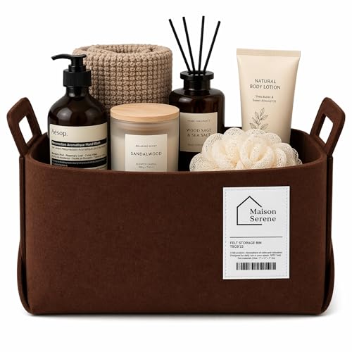 Collapsible Felt BROWN Storage Basket with Handles, Foldable Fabric Bin Organizer for Shelves, Closet, Toy Storage & Nursery, MEDIUM - color: BROWN, size: M