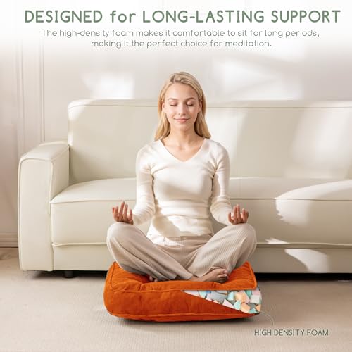 HIGOGOGO Large Floor Pillow Cushion for Adults, Meditation Cushion Pillow with Handle, Lustrous Chenille Tufted, Square Floor Sitting for Tatami Living Room or Yoga, 22x22 Inch, Orange