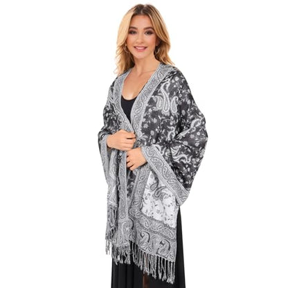 MUQU Women Pashmina Shawls and Wraps Scarf Soft Silky Reversible Paisley Scarves Shawl for Women - color: Black+white