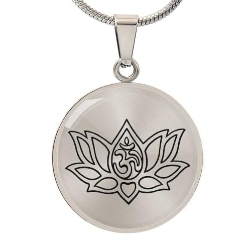 quan jewelry Yoga Lotus Flower Pendant Necklace with Om Symbol, Happy Birthday Gifts Ideas for Mom, Daughter, Women with Inspirational Quote on Gift Card - color: Silver-Tone Cirle Plate