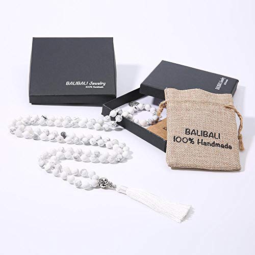 108 Mala Beads Necklace Semi-Precious Gem Stones Meditation Necklace 108 Hand Knotted Japa Mala Beaded Tassel Necklace with Tree of Life Pendant - color: Natural White Howlite