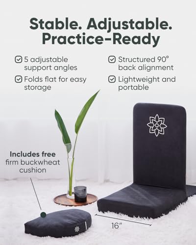 Folding Pro Meditation Chair - Adjustable Meditation Seat with Back Support and Half Moon Buckwheat Meditation Cushion - Comfortable Mindfulness Living Room Floor Chair - color: Charcoal Black