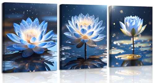 Blue Lotus Flower Wall Art Prints,Framed Watercolor Lotus Flower Print Wall Art for Zen Office Decor,Botanical Canvas Art Prints for Bathroom Home Office Living Room Yoga Decor Set of 3(8”X10”in) - color: Framed-Blue Lotus Flower Wall Art