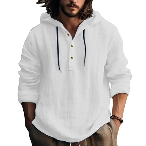 Mens Pullover Hoodie Linen Long Sleeve 4 Button Drawstring Causal Loose Lightweight Summer Beach Top - color: 1-white, size: Medium