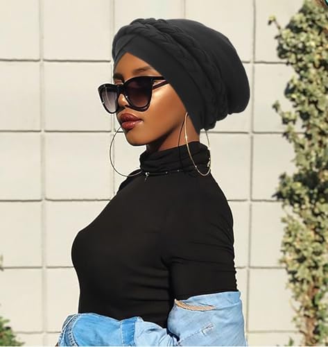 DRESHOW African Turban for Women Knotted Hairwraps for Sleeping Turban Headwraps Head Warmer Scarf for Black Women Chemo Cap - color: 1 Pack With Two Twisted Braids: Black