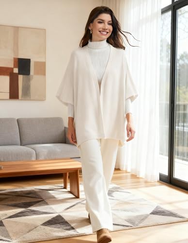 PULI Womens Open Front Shawl Wraps with Sleeves Casual Knit Poncho Shawls for Spring Fall Daily - color: Ivory White