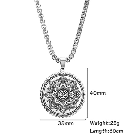 Om Symbol Lotus Necklace For Men Women Stainless Steel Chakra Meditation Necklace Lotus Om Symbol Pendant Necklace Viking Jewelry Healing Gift - color: silver