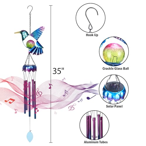 Taman Solar Wind Chime - Hummingbird Crack Glass Solar Light for Outside Waterproof Aluminum Tubes Decorative Memorial Gift, for Home, Outdoor, Yard, Patio,Garden Decor