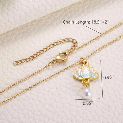 Lotus Flower Necklace for Women, Gold Chain with Lotus Pearl Pendant Meditation Yoga Relaxation Jewelry Gift - style: Blue-Lotus Gold