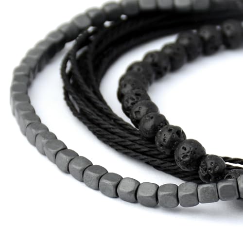 Mezcla Vida Handmade Natural Stone Beaded & Hematite Healing Bracelet Gift for Men-Set of 3 Stackable Adjustable Waterproof String Rope Bracelets