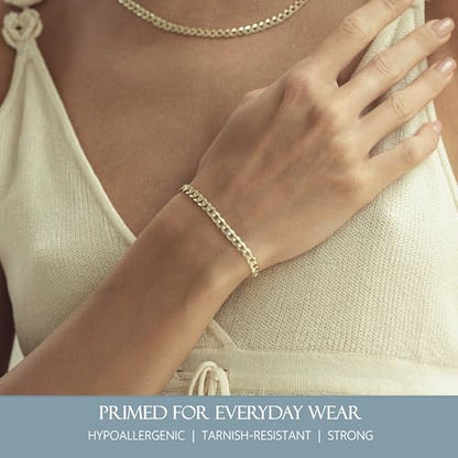 KISPER 18K Gold Plated 925 Sterling Silver Chain Bracelets for Women, Waterproof Tarnish Resistant, Curb/Rope/Figaro/Mariner Link Bracelet, 6.5, 7, 8, 9 Inch - size: 9 inches (large), style: Curb