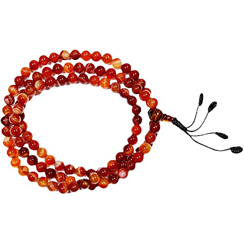 Agan Traders Authentic 108 Mala Beads Necklace – Tibetan Prayer Japamala – Meditation Necklace for Yoga Healing – Gemstone Mala Beads with Tassel for Men & Women - color: red-agate