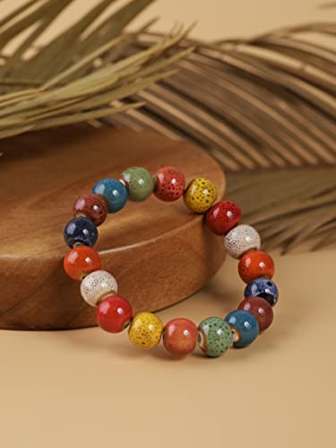 MINACHI Boho Hippie Colorful Ceramic Beads Strand Stretch Bracelet, Bohemian Summer Beach Jewelry Gift for Women - color: S01