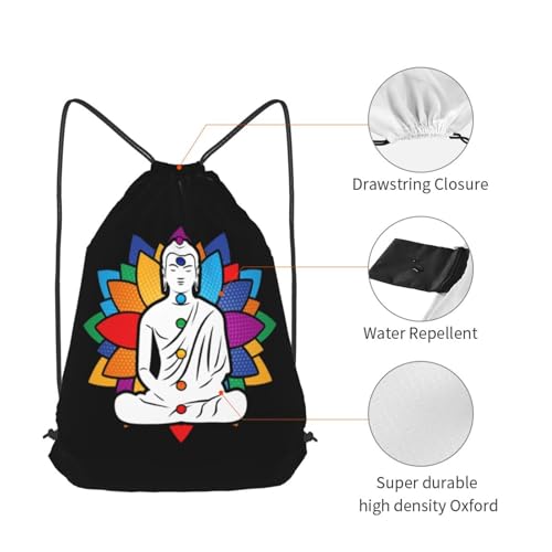 Buddha Chakra Meditation Drawstring Backpack Bag Sport Gym Sackpack for Men Women (Black) - size: Medium 19.6x16.5in