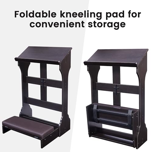 Foldable Prayer Kneeler, Wooden Prayer Bench with Cushion Pad, Rounded Corner Bookend, Reinforced Steel Tube Base and Customizable Cross Decoration, (Dark Brown)