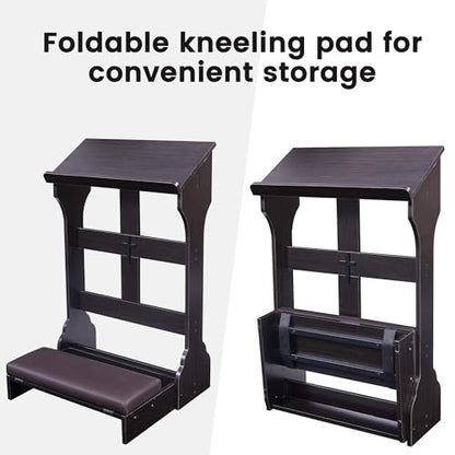 Foldable Prayer Kneeler, Wooden Prayer Bench with Cushion Pad, Rounded Corner Bookend, Reinforced Steel Tube Base and Customizable Cross Decoration, (Dark Brown)
