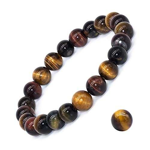8mm Natural Gemstone Stretch Bracelet, Handmade Unisex Crystal Bracelets for Meditation, Yoga, Spiritual Healing & Positive Energy - color: Multicolor Tiger Eye