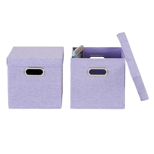 Household Essentials 814-1 Café Cube Bin Storage Set with Lids and Handles | 2 Pack, Purple Linen - color: Purple