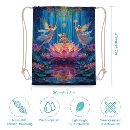 Chakra Yoga And Meditation Zen Lotusfloral Canvas Drawstring Backpack Lightweight String Bag for Sports Gym Travel Swimming Beach 30x40cm