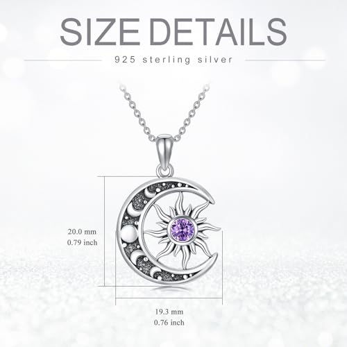 Sun and Moon Necklace 925 Sterling Silver Sun Moon Pendant Gemstone Jewelry Gifts for Women - style: February