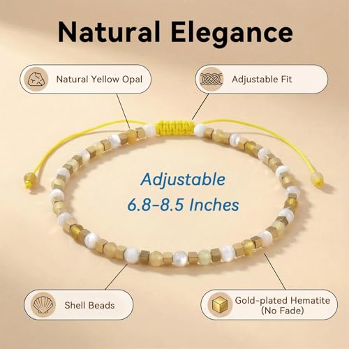 Natural Stone Adjustable Charming Bracelet for Women, 3mm Shell Gemstone Hematite Beads, Pull String Slider Metal Free Design Waterproof, Gift for Her Daily Wear