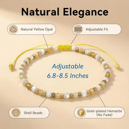 Natural Stone Adjustable Charming Bracelet for Women, 3mm Shell Gemstone Hematite Beads, Pull String Slider Metal Free Design Waterproof, Gift for Her Daily Wear