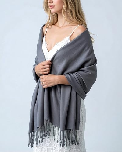 Achillea Lightweight Pashmina Scarf for Women – Soft Silky Shawl Wrap for Evening Dresses, Bridesmaids & Everyday Wear - color: Dark Grey