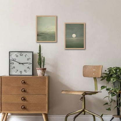 Japanese Zen Wall Art Set of 2 with Wooden Frame – Minimalist Sage Green Sunset Landscape Prints, Japandi Scandinavian Boho Painting, Framed Picture Wall Decor 12x16 Inch