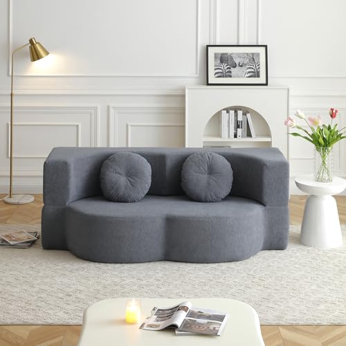 2-in-1 Folding Sofa Bed with Pillow, No Assembly Futon Twin Size Sofa Bed, Breathable Linen-Cotton Convertible Couch Bed for Living Room and Guest Room, 75.5 Inch,Grey - color: Grey-75.55", size: 2 seat