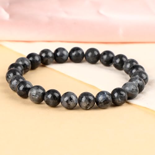 LPBeads Handmade Natural Gemstone Stretch Elastic Bracelet Healing Crystal Round Stone Beads Jewelry Gifts for Women Men - color: Black Larvikite, size: 8mm