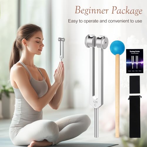 128 Hz Weighted Tuning Fork, Aluminum Alloy Sound Healing Tool for Yoga Meditation Relaxation, C128 Frequency with Silicone Hammer, Storage Bag, Cleaning Cloth - size: 128hz