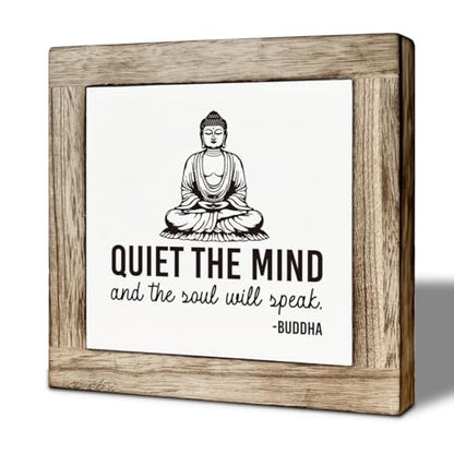 Yoga Room Meditation Room Decor, Quiet The Mind And The Soul Will Speak Sign, Zen Decoration for Home Tabletop, Motivational Decor, Farmhouse Meditation Wooden Plaque 5.9 x 5.9 Inches