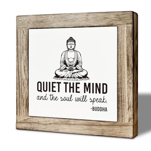 Yoga Room Meditation Room Decor, Quiet The Mind And The Soul Will Speak Sign, Zen Decoration for Home Tabletop, Motivational Decor, Farmhouse Meditation Wooden Plaque 5.9 x 5.9 Inches