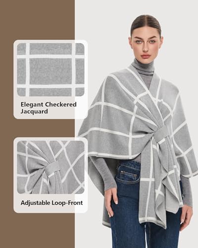 PULI Women's Elegant Shawl Wraps Soft Open Front Poncho Sweater for Spring Fall Winter - color: Classic Check-light Heather Gray and Ivory White