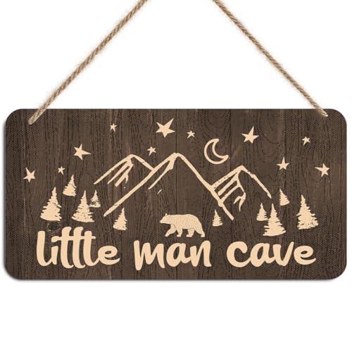 Little Man Cave Sign Door Wall Art Decor, Mountain Forest Bear Pattern Vintage Wooden Wall Decoration, Rustic Brown Hanging Sign for Bedroom Living Room Front Door - color: Boys cave 0713