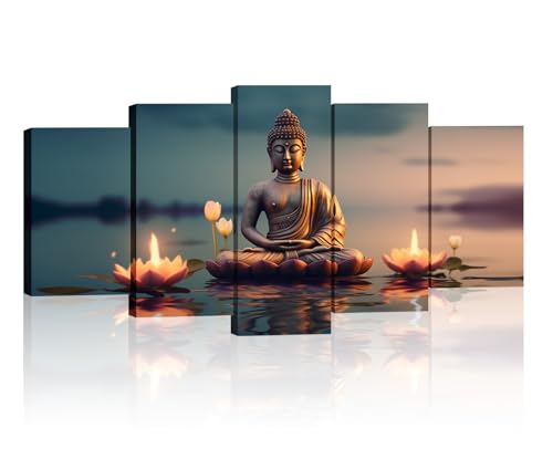 Buddha Wall Art 5 Piece Zen Wall Decor Canvas Prints Lotus on Water Picture Meditation Painting for Yoga Spa Spiritual Room Home Decor Framed(Picture-6,8x14inx2 8x18inx2 8x22inx1) - color: Picture-6, size: 40x22 inch