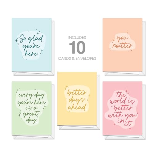 Mental Health Quote Encouraging Cards / 10 Positivity Note Cards With White Envelopes / 5" x 7" Colorful Pastel Encouragement Greeting Card Set / 5 Everyday Motivational Designs / Made In The USA - color: Pastel Mental Health Quotes