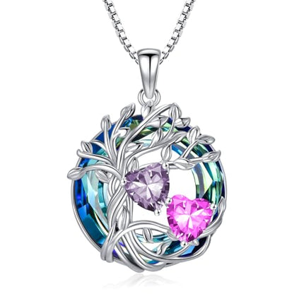 TOUPOP s925 Sterling Silver Family Celtic Tree of Life Pendant Necklaces with 2 Heart Birthstone with Blue Austrian Crystal Jewelry Birthday Valentines Day Gifts for Her, Anniversary Christmas Gifts for Wife Girlfriend Mom (18K Real White Gold Filled) - c