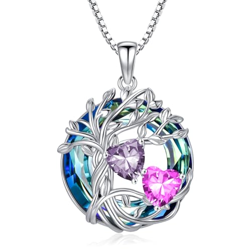TOUPOP s925 Sterling Silver Family Celtic Tree of Life Pendant Necklaces with 2 Heart Birthstone with Blue Austrian Crystal Jewelry Birthday Valentines Day Gifts for Her, Anniversary Christmas Gifts for Wife Girlfriend Mom (18K Real White Gold Filled) - c