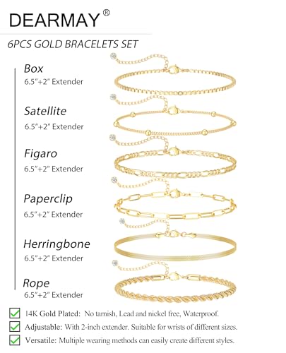 DEARMAY Gold Bracelets for Women Waterproof, 14K Gold Plated Stackable Jewelry Sets Non Tarnish Trendy Thin Dainty Cuban Link Paperclip Chain Bracelet Stack Fashion Accessories Gifts for Womens - style: 6Pcs BRACELET