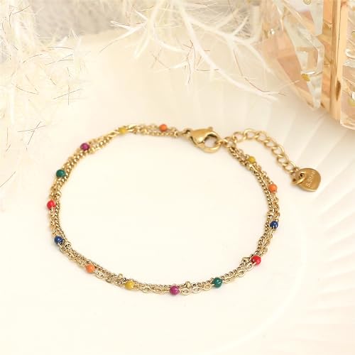 Made by Nami Dainty Gold Link Bracelets for Women Adjustable Double Layered Gold Chain Bracelet with Colorful Beads 7.5" + 2" Chain Extension - color: Colorful