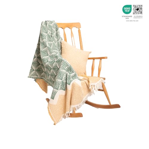 Throw Blanket, Palm Leaf and Diamond Patterns, 70x50 inches - color: Green/Orange