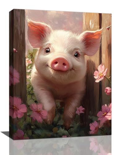 Olivine Farmhouse Pig Wall Art, Pink Pig Pictures Wall Decor, Cute Animal Painting Country Canvas Prints, Framed Artwork for Bathroom Bedroom Living Room Kitchen Office Home Decoration 16"x12" - color: Pig, size: 16"L x 12"W