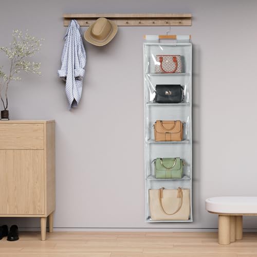 Hanging Handbag Purse Organizer with Zippers, 5 Mesh Shelves,Clear Slubbed Fabric+PVC Hanging Closet Bag Organizer, Dustproof Handbag Closet Tote Storage Bag for Door, Wardrobe, Shelf Rack