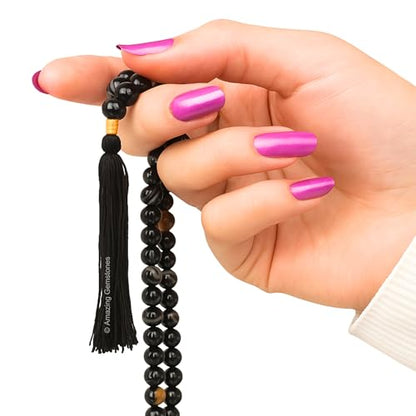 Amazing Gemstone Japa Mala 108 Prayer Beads Necklace and Wrist Mala Bracelet for Meditation - color: Black Banded Agate, size: Without Knots