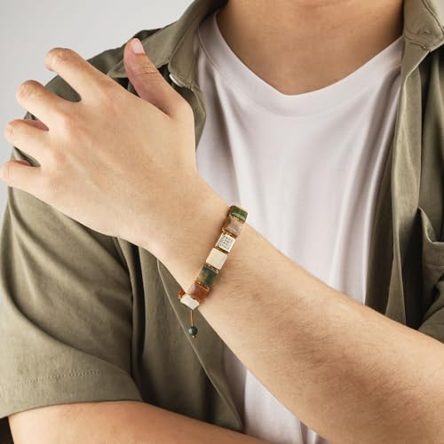 Square Natural Stone Unisex Adjustable Bracelet - Handmade with Natural Stons - Square Healing Crystal Bead Bracelet - color: Multicolored