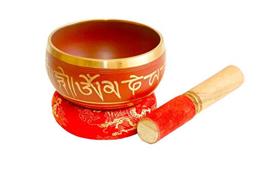 Tibetan singing bowl mantra healing energy bell meditation instrument Meditation Sound Bowl antique vibration ~ stress relief ~ cushion ~ music relaxation - color: red