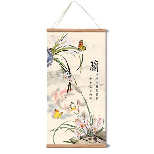 xinyuru Plum Bossom Chrysanthemum Bamboo Orchid Painting,Wall Art for Living Room Bedroom,Chinese Traditional Meticulous Painting,Posters and Printing,Fixed Wooden Hanging Scroll (Orchid, 16”x32”) - color: Orchid, size: 32"L x 16"W