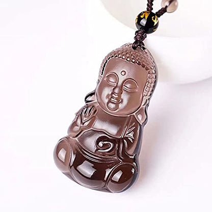 Natural black obsidian rainbow obisidan ice obsidian Maitreya launghing buddha necklace Amulet pendant bead chain - color: Ice obsidian baby buddha
