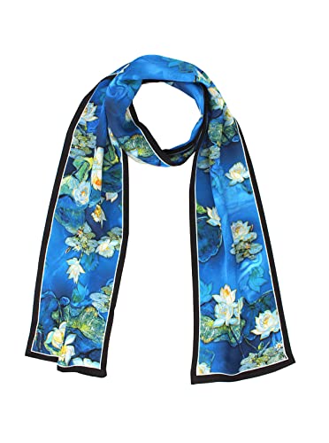 100% Silk Scarf for Women 59”*6.3” Long Shawls for Headscarf and Neck- Oblong Hair Wraps with Gift Packed - color: Water Lilies